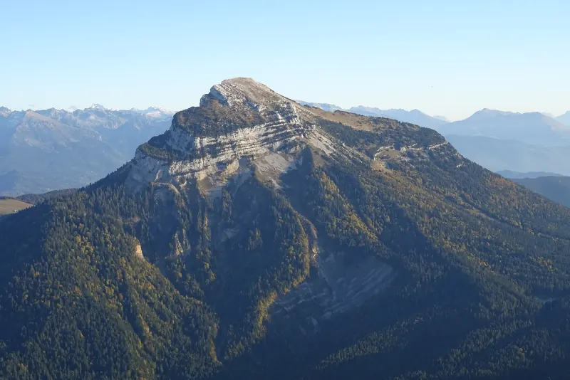 Chamechaude, en Chartreuse, vue depuis le Charmant Som : un versant boisé sous la falaise